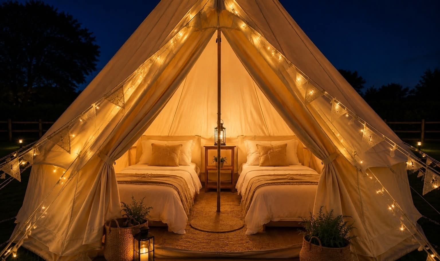 The warmly lit interior of an outdoor bell tent prepared for the evening