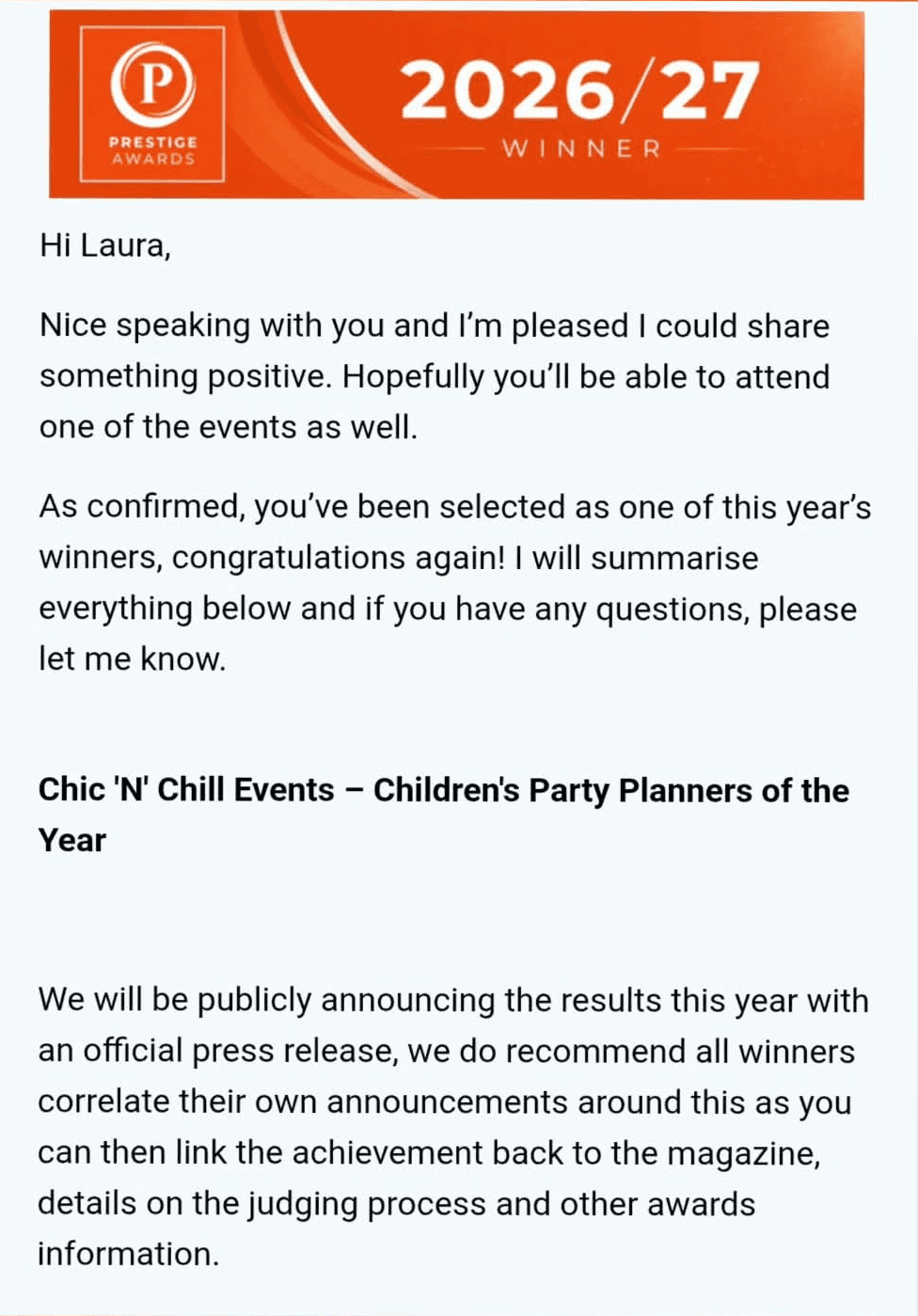Prestige Awards letter confirming Chic'N'Chill Events as a 2026/27 children's party planners of the year winner